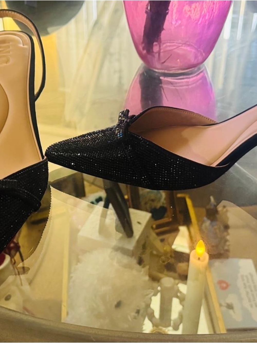 Ing Black Sparkle Pointed Toe Slingback Mules with Bow Accent